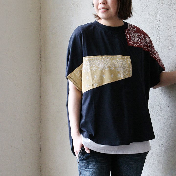 Tシャツ 半袖 レディース クルーネック ラグラン 綿100 コットン ロゴ プリント バンダナ 切り替え 薄手 通気性 CUBE SUGAR キューブシュガー (メール便50) PATY Tシャツ 半袖 レディース クルーネック ラグラン 綿100