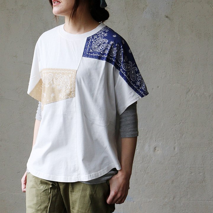 Tシャツ 半袖 レディース クルーネック ラグラン 綿100 コットン ロゴ プリント バンダナ 切り替え 薄手 通気性 CUBE SUGAR キューブシュガー (メール便50) PATY Tシャツ 半袖 レディース クルーネック ラグラン 綿100