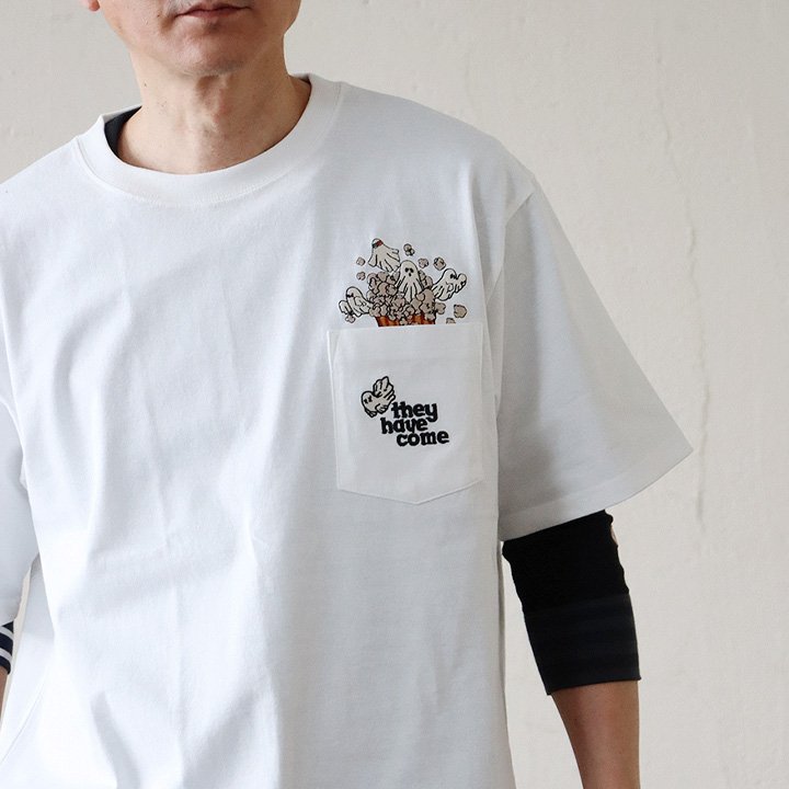 Ｔシャツ 半袖 メンズ レディース クルーネック 胸ポケット オバケ ポップコーン 刺繍 綿100 コットン 天竺 オープンエンド ゆパティ | PATY | 01