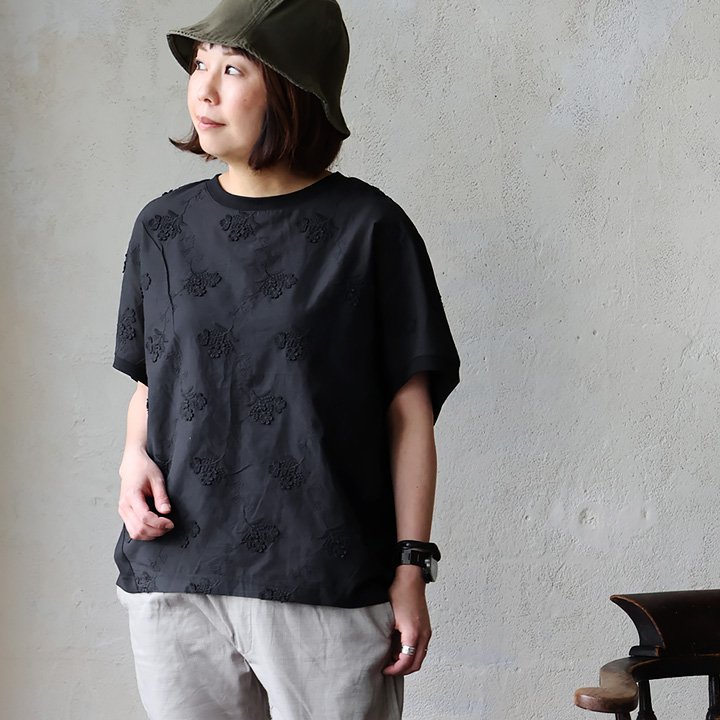 ドルマン tシャツ レディース ワイド すっきり 着痩せ 夏 レース 刺繍 コットン 綿100％ コットン 綿100％ 涼しい 五分袖 パティ (メール便50) | PATY | 01