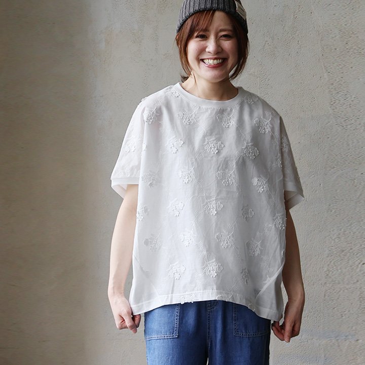 ドルマン tシャツ レディース ワイド すっきり 着痩せ 夏 レース 刺繍 コットン 綿100％ コットン 綿100％ 涼しい 五分袖 パティ (メール便50) | PATY | 02