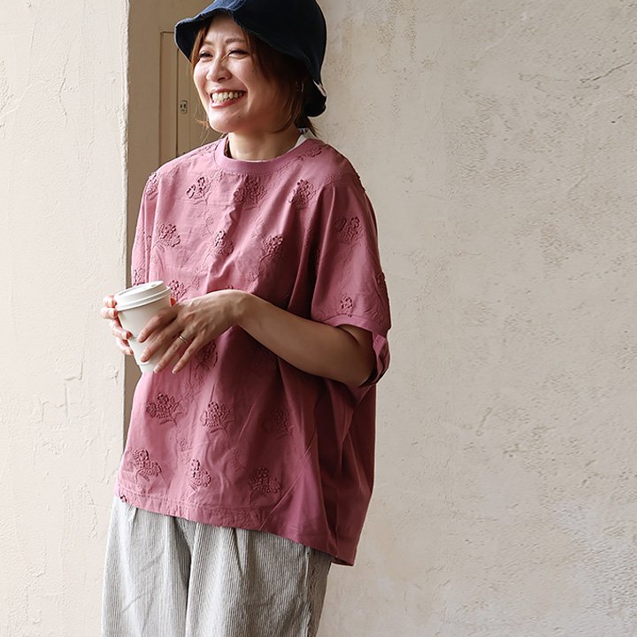 ドルマン tシャツ レディース ワイド すっきり 着痩せ 夏 レース 刺繍 コットン 綿100％ コットン 綿100％ 涼しい 五分袖 パティ (メール便50) | PATY | 03