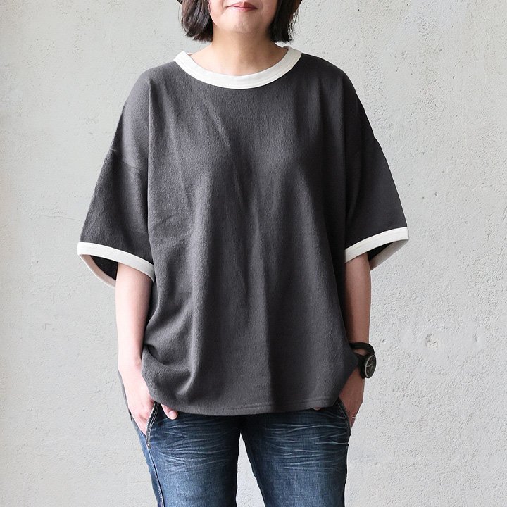 Tシャツ 5分袖 リンガーT レディース クルーネック 配色切り替え 綿100 コットン 梨地 接触冷感 涼しい 通気性 伸縮性 体型カバー パティ (メール便50) | PATY | 01