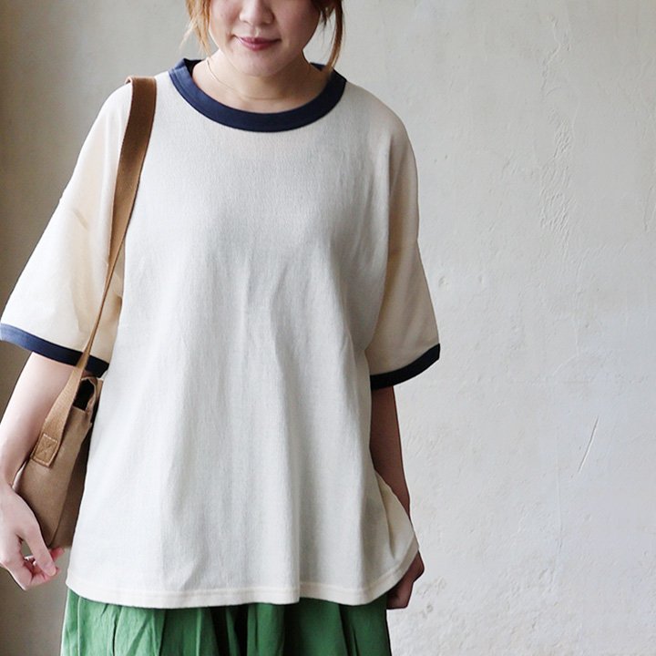 Tシャツ 5分袖 リンガーT レディース クルーネック 配色切り替え 綿100 コットン 梨地 接触冷感 涼しい 通気性 伸縮性 体型カバー パティ (メール便50) | PATY | 03
