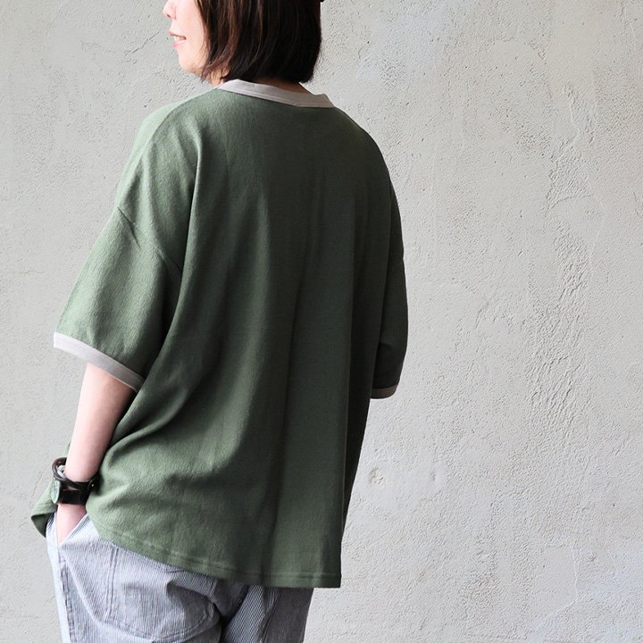 Tシャツ 5分袖 リンガーT レディース クルーネック 配色切り替え 綿100 コットン 梨地 接触冷感 涼しい 通気性 伸縮性 体型カバー パティ (メール便50) | PATY | 04