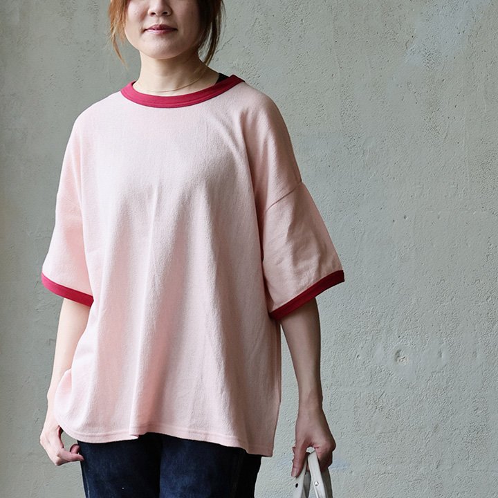 Tシャツ 5分袖 リンガーT レディース クルーネック 配色切り替え 綿100 コットン 梨地 接触冷感 涼しい 通気性 伸縮性 体型カバー パティ (メール便50) | PATY | 05