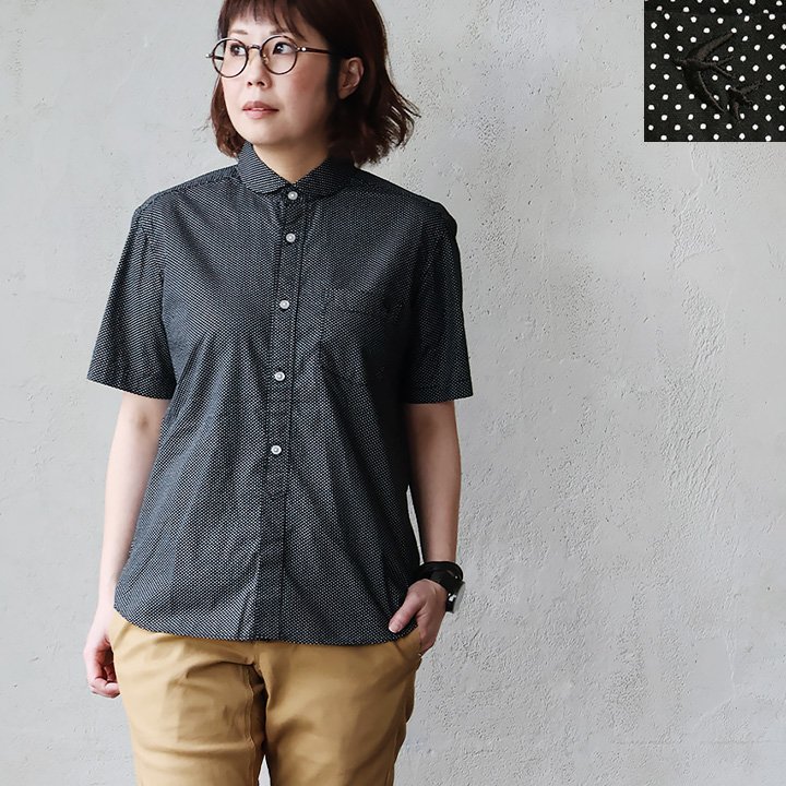 シャツ レディース メンズ 半袖 丸襟 ピンドット ドット 日本製 コットン 綿100% 配色 刺繍 刻印ボタン 夏 アイロン不要 SAIL セイル | PATY | 01
