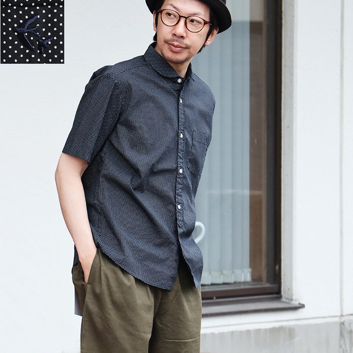 シャツ レディース メンズ 半袖 丸襟 ピンドット ドット 日本製 コットン 綿100% 配色 刺繍 刻印ボタン 夏 アイロン不要 SAIL セイル | PATY | 02