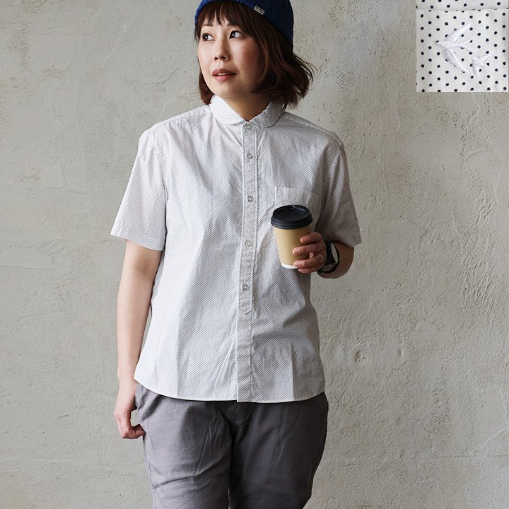 シャツ レディース メンズ 半袖 丸襟 ピンドット ドット 日本製 コットン 綿100% 配色 刺繍 刻印ボタン 夏 アイロン不要 SAIL セイル | PATY | 03
