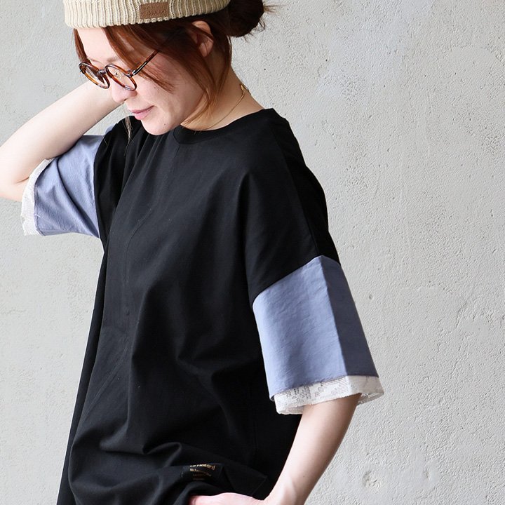 PATY Tシャツ 5分袖 レディース クルーネック 袖切り替え レース