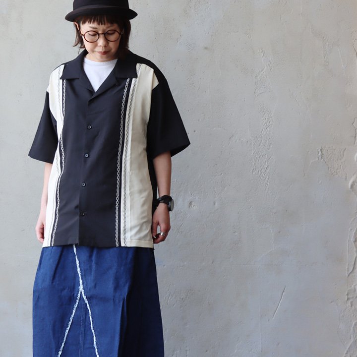 シャツ 開襟シャツ オープンカラー メンズ レディース 薄手 ポリエステル ストレッチ 動きやすい 配色 刺繍 大きいサイズ 体型カバー カジュアル 夏 パティ | PATY | 01