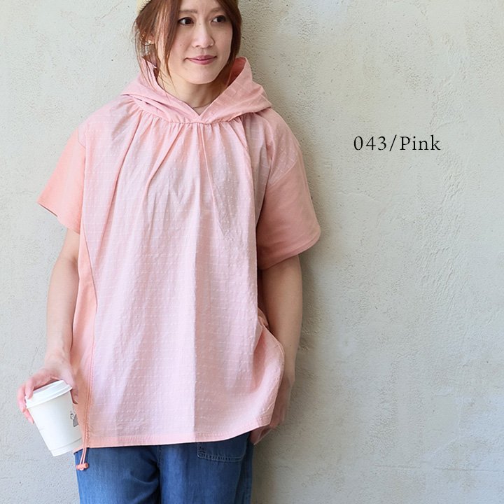 Ｔシャツ 半袖 レディース フード付き 綿100 コットン 布帛 切り替え 軽い 薄手 通気性 ゆったり パティの画像