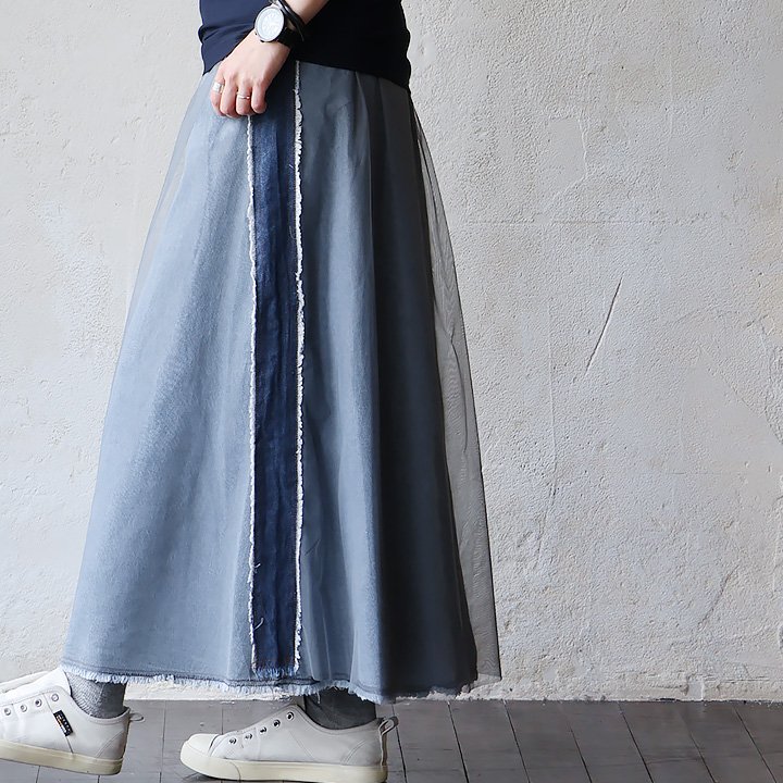 スカート フレア ロング レディース デニム ノンストレッチ カットオフ リメイク風 チュール 綿100 コットン ポリエステル 軽い ウエストゴム パティ | PATY | 01