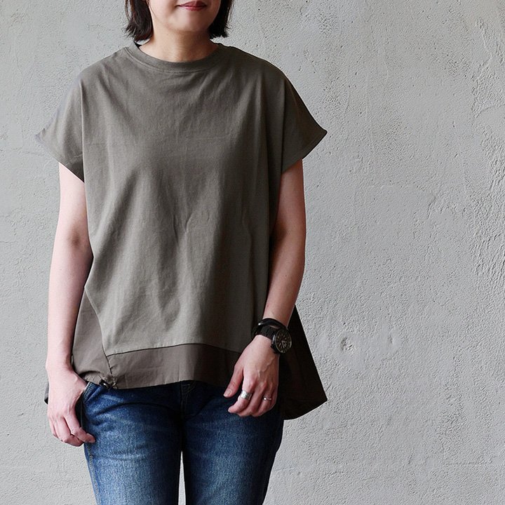 Tシャツ 半袖 レディース フレンチスリーブ 無地 異素材切り替え 綿100 コットン ナイロン ロックコード 着痩せ すっきり パティ (メール便50) | PATY | 01