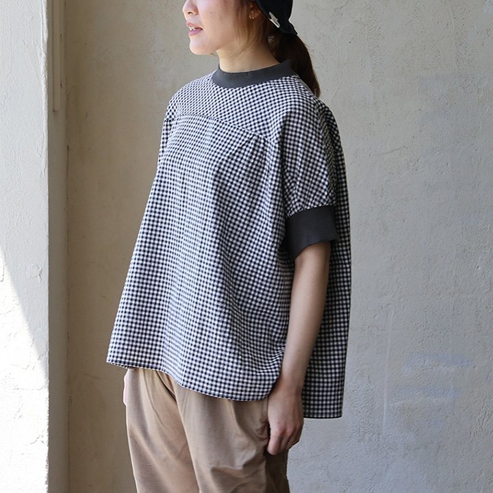 Tシャツ 半袖 レディース クルーネック ドルマン ギンガムチェック 総柄 綿100 コットン リブ切り替え 通気性 薄手 涼しい ゆったり パティ (メール便50) | PATY | 01