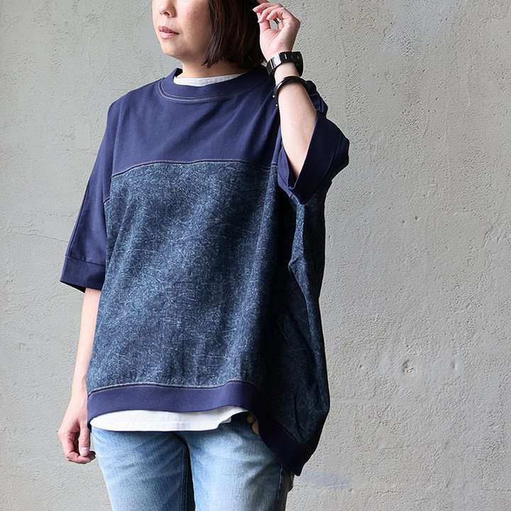 Ｔシャツ 5分袖 レディース クルーネック 異素材切り替え 綿100 コットン 天竺 オープンエンド タフ ワンウォッシュデニム 夏 パティ (メール便50) | PATY | 01