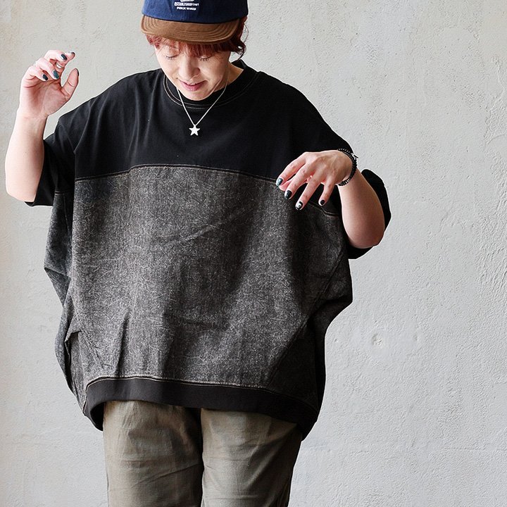 Ｔシャツ 5分袖 レディース クルーネック 異素材切り替え 綿100 コットン 天竺 オープンエンド タフ ワンウォッシュデニム 夏 パティ (メール便50) | PATY | 02