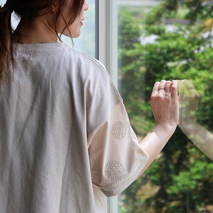 PATY Tシャツ 5分袖 レディース ボートネック 袖切り替え 刺繍 綿100