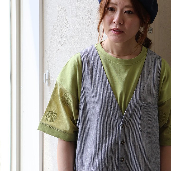 PATY Tシャツ 5分袖 レディース ボートネック 袖切り替え 刺繍 綿100