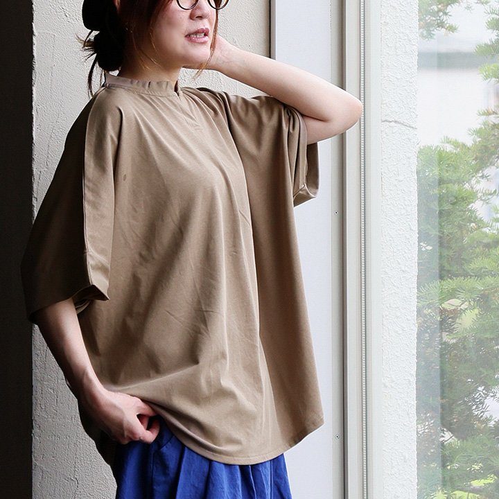 着痩せ tシャツ レディース 5分袖 キーネック ワイド すっきり 落ち感 細見え 二の腕 お尻 体系 隠れ カバー 夏 パティ (メール便50) | PATY | 04