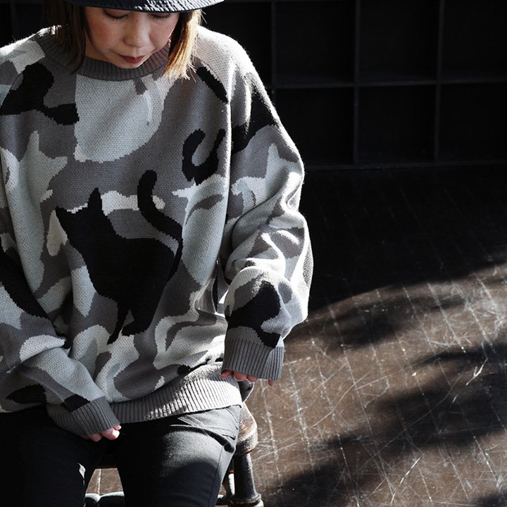 PATY ニット セーター 長袖 メンズ レディース クルーネック カモ柄