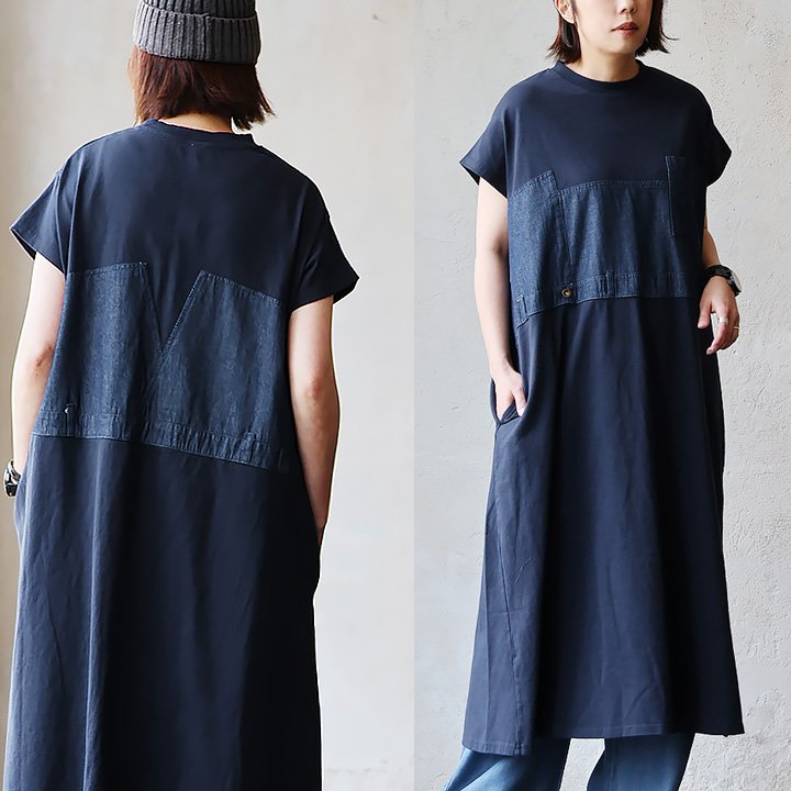 ワンピース レディース 半袖 マキシ丈 クルーネック 綿100 コットン 天竺 デニム切り替え 着痩せ すっきり カジュアル 夏 パティ | PATY | 01