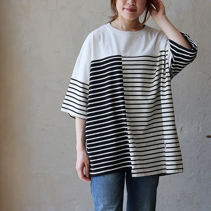 Ｔシャツ 7分袖 レディース クルーネック 綿100 コットン 天竺 無地 ボーダー 配色切り替え お尻隠れる 大きいサイズ 体型カバー 着痩せ パティ | PATY | 01