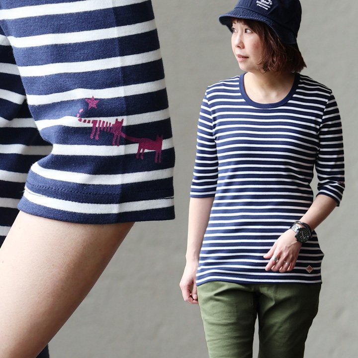 カットソー 五分袖 tシャツ レディース メンズ 猫 ネコ ねこ プリント 重ね着 ストレッチ 綿100% コットン スリム フィット | PATY | 01