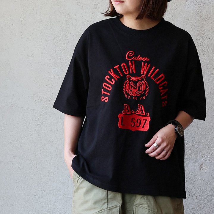 Ｔシャツ 5分袖 レディース クルーネック 刺繍 トラ アニマル カレッジロゴ 綿100 コットン 通気性 パティ KAKELA＆TRANQUIL カケラ＆トランクイル PATY Tシャツ 5分袖 レディース クルーネック 刺繍 トラ