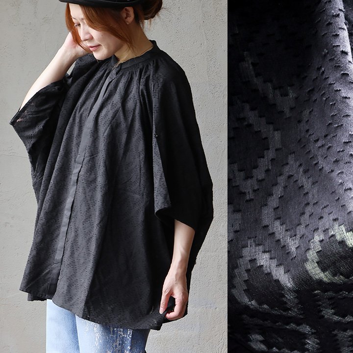 シャツ 5分袖 レディース バンドカラー 袖2WAY レース 刺繍 ダイヤ柄 ジャガード 綿100 コットン 薄手 軽い 通気性 ドルマン 体型カバー パティ (メール便50) | PATY | 01