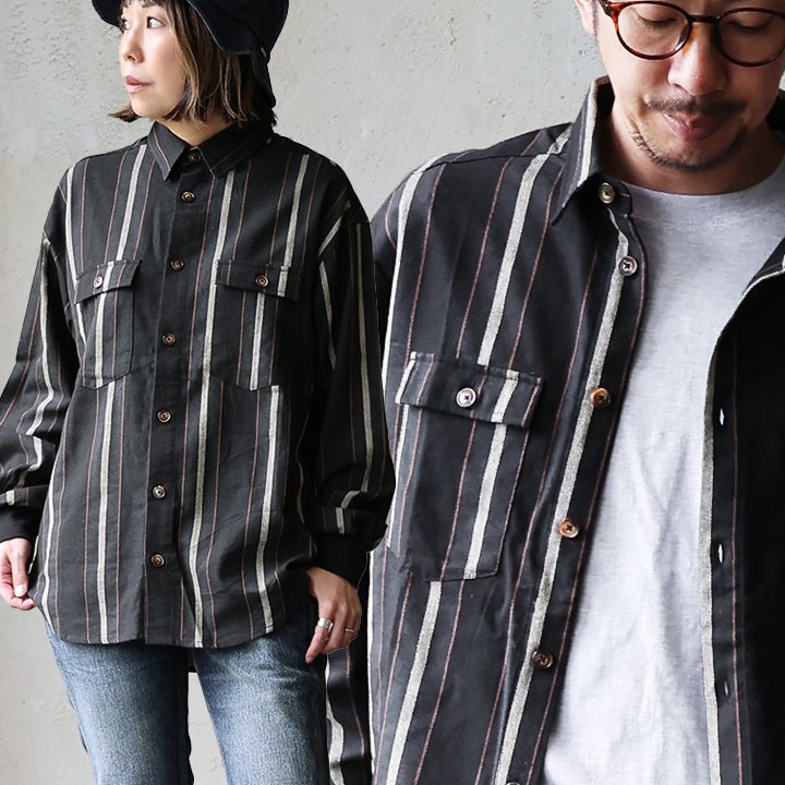 シャツ 袖リブ メンズ レディース 長袖 コットン 綿100% 薄手 着痩せ ワイド 落ち感 ストライプ カッコイイ ポケット Mr.Lumberjack ミスターランバージャック | PATY | 01