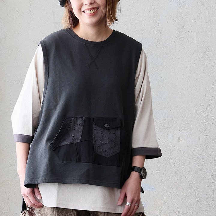 PATY ベスト レディース クルーネック 重ね着 Vガゼット 無地 ポケット