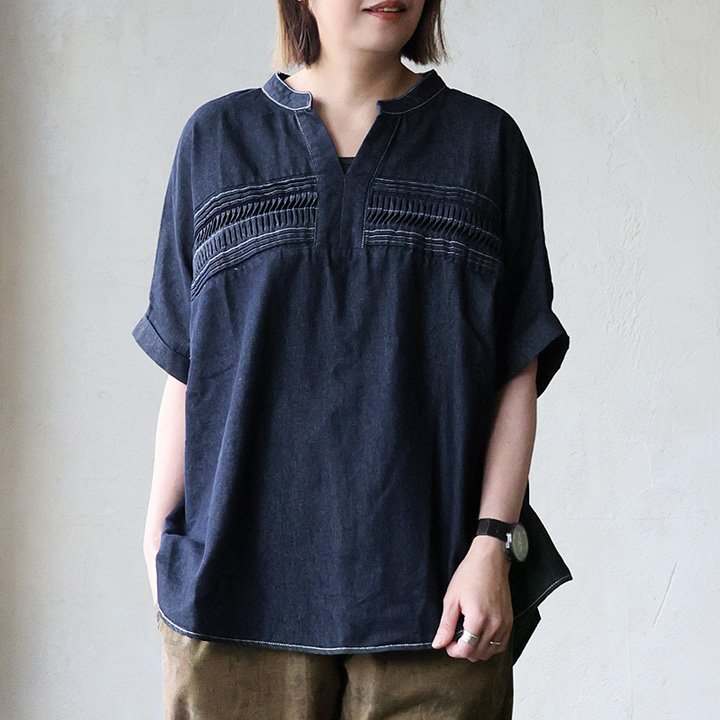 PATY シャツ デニム 半袖 レディース プルオーバー スキッパーネック