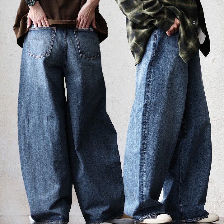 デニムパンツ テーパード バレルレッグ レディース 綿100 コットン 12オンス しっかり生地 ノンストレッチ 体型カバー パティ blue ビットブルー | PATY | 01