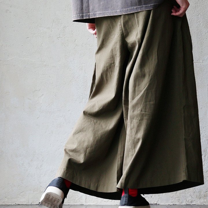 パンツ ワイドパンツ ガウチョ フレア レディース 綿100 コットン ヘリンボーンツイル ウエストゴム ベルト付き 楽ちん パティの画像