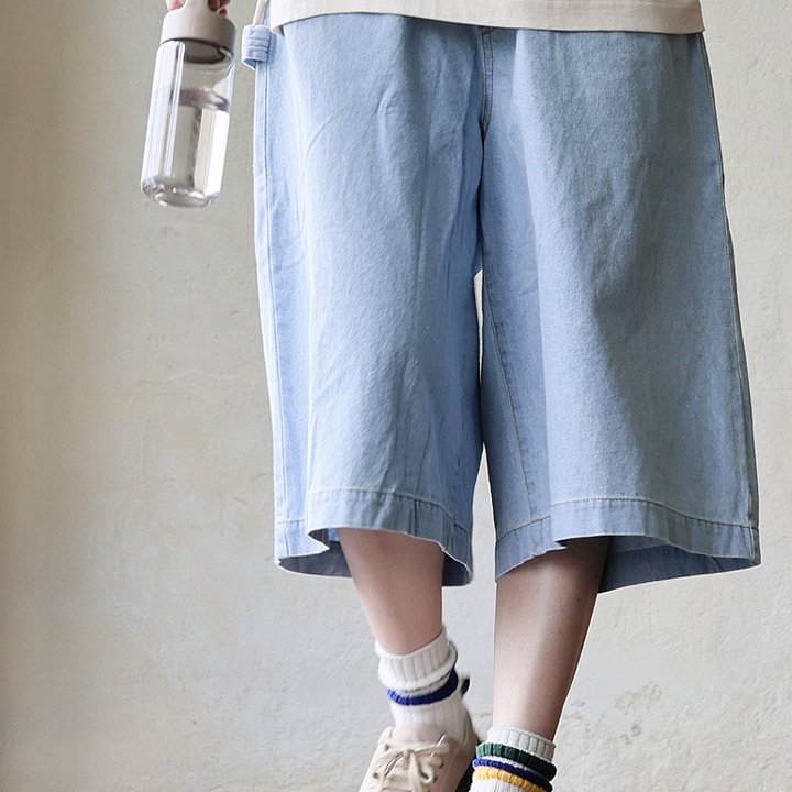 PATY ハーフパンツ ひざ下 ワイド レディース 無地 ヒッコリー 綿100