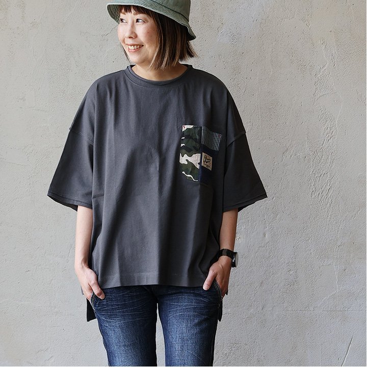 PATY Tシャツ 5分袖 レディース クルーネック 無地 胸ポケット 異素材