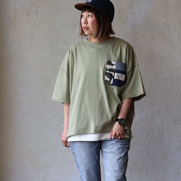 PATY Tシャツ 5分袖 レディース クルーネック 無地 胸ポケット 異素材