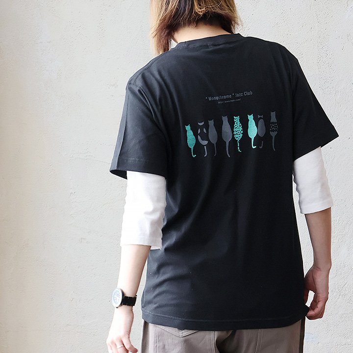 tシャツ 半袖 メンズ レディース コットン 綿100％ カジュアル モノクローム ジャズ 猫 バック プリント ボックスシルエット パティ SAIL セイル | PATY | 01