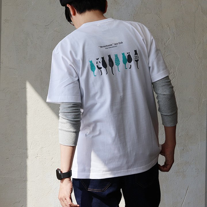 tシャツ 半袖 メンズ レディース コットン 綿100％ カジュアル モノクローム ジャズ 猫 バック プリント ボックスシルエット パティ SAIL セイル | PATY | 02