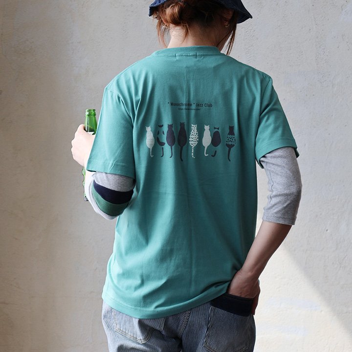 tシャツ 半袖 メンズ レディース コットン 綿100％ カジュアル モノクローム ジャズ 猫 バック プリント ボックスシルエット パティ SAIL セイル | PATY | 03