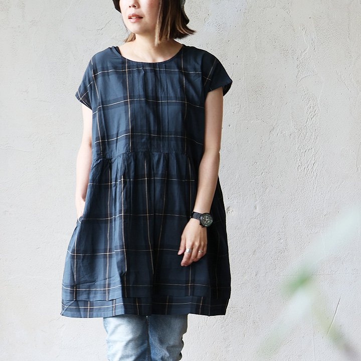PATY チュニック 半袖 レディース チェック柄 大判チェック 薄手 綿100
