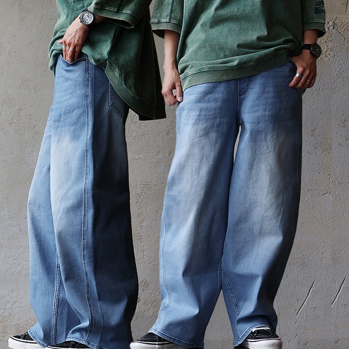デニム パンツ レディース バレル テーパード ゆるすぎない ワイド ウエストゴム スーパーストレッチ 着痩せ 見え 体型カバー ユーズド加工 パティ BLUETO | PATY | 01