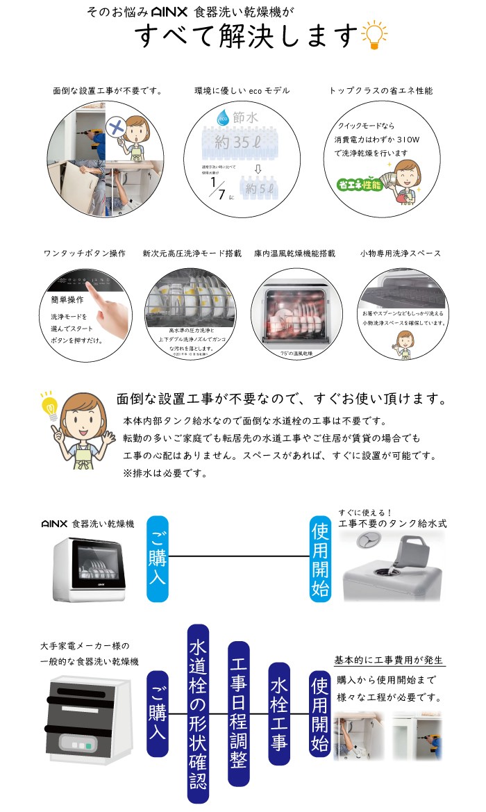 アイネクス タンク式 食器洗い乾燥機 AX-S3W 工事不要型 AINX :AX-S3W:PCあきんど - 通販 - Yahoo!ショッピング