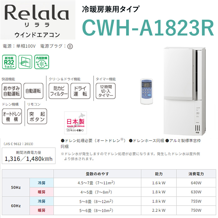 窓用エアコン コロナ 冷暖房兼用 4.5〜7畳 Relala リララ ウインドエアコン 2023年モデル CWH-A1823R-W ホワイト