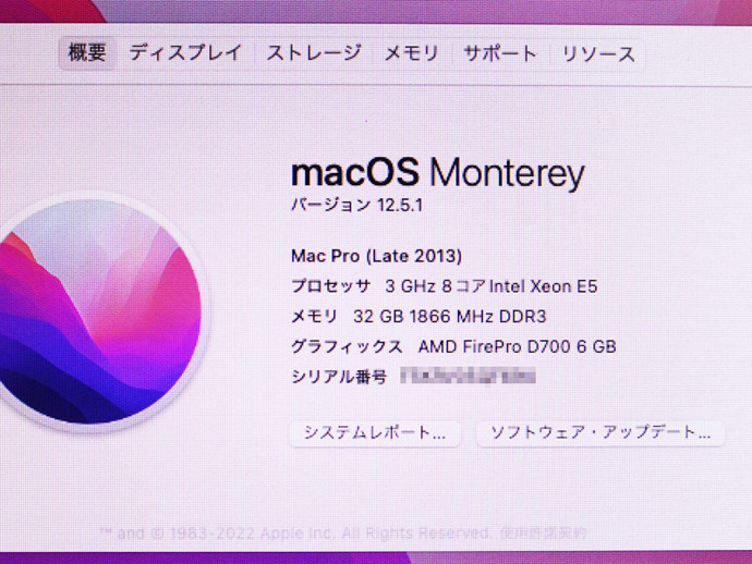 8コアXeon E5-1680 v2 3.0GHz搭載 Apple Mac Pro Late 2013 MQGG2J/A メモリ32GB  SSD512GB デュアルAMD FirePro D700搭載 マックプロ Bランク C49T 中古