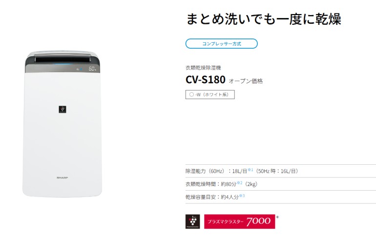 SHARP（シャープ） 除湿器 CV-S180-W コンプレッサー式衣類乾燥除湿機