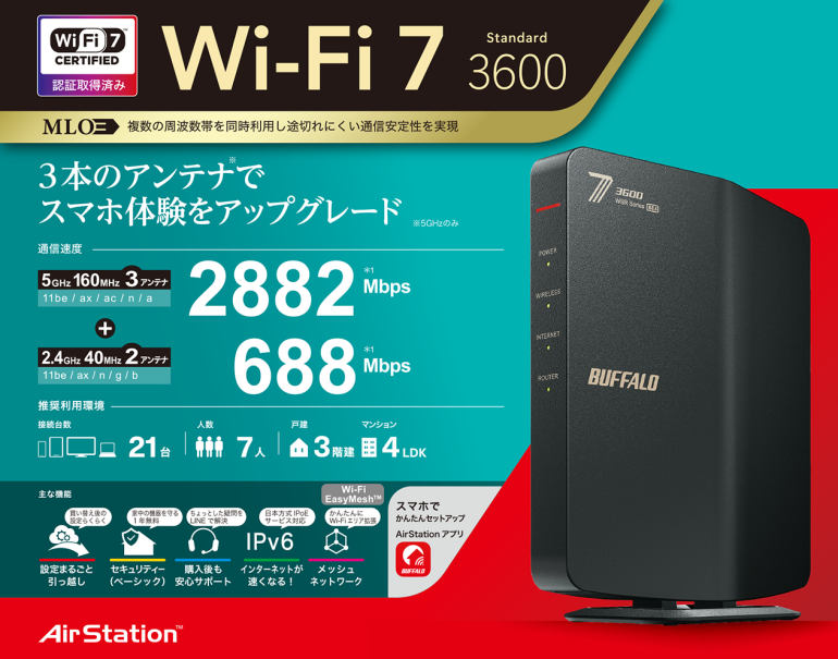BUFFALO Wi-Fi 7 無線LANルーター WSR3600BE4P-WH BUFFALO（バッファロー） 無線LANルーター AirStation WSR3600BE4P-WH