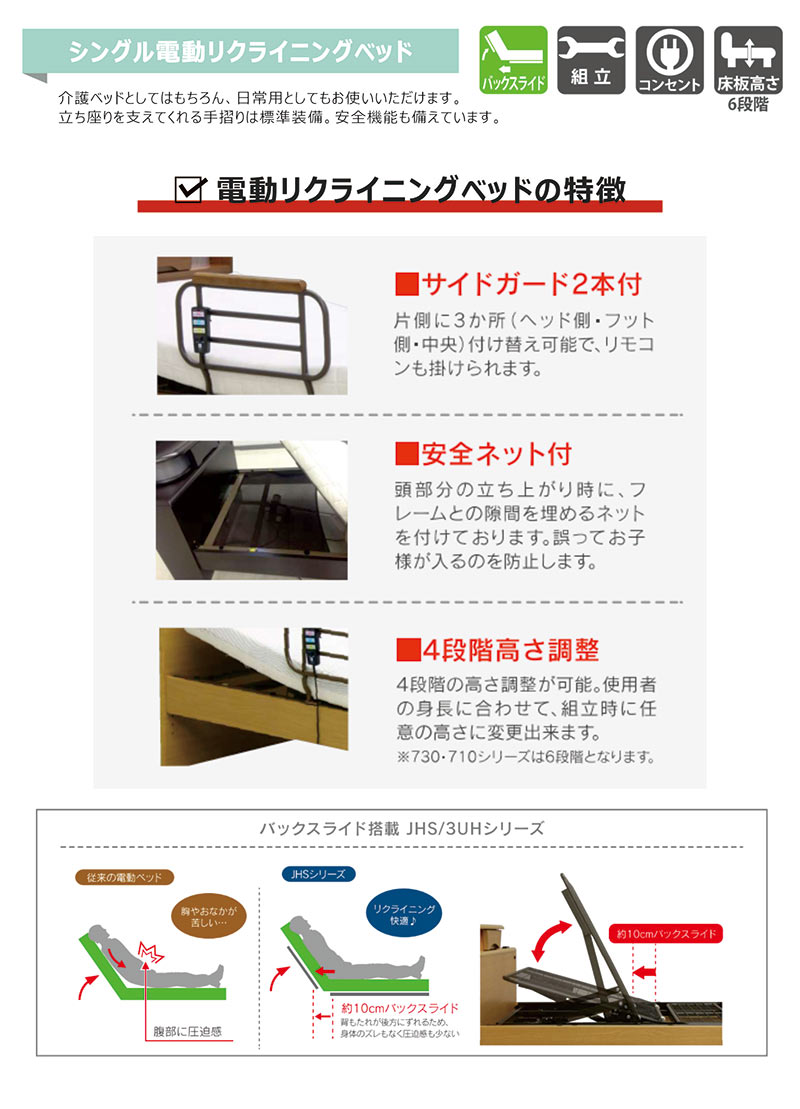 リクライニングベッド 電動ベッド 2モーター シングル 手すり 柵 宮付 LEDライト コンセント 高さ調整 高級感
