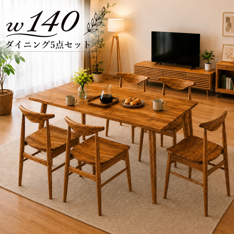 ダイニングテーブルセット 4人掛け 無垢材 幅140cm 5点セット アカシア